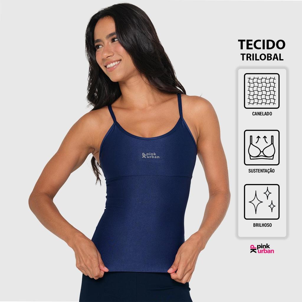 Regata Fitness Feminino Canelado Brilhoso Lux Trilobal Alça Fina Blusa Slim Cami