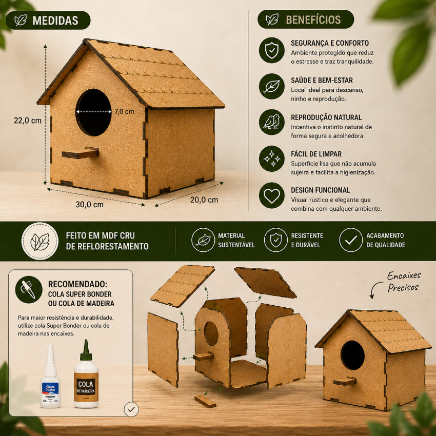 Casinha Ninho Calopsita MDF Cru 2,5mm com Poleiro Passaros