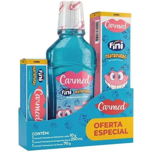 Kit Carmed Fini Dentaduras com Hidratante Labial 10g + Gel Dental 70g + Enxaguante Bucal 250ml - Edição Especial CIMED
