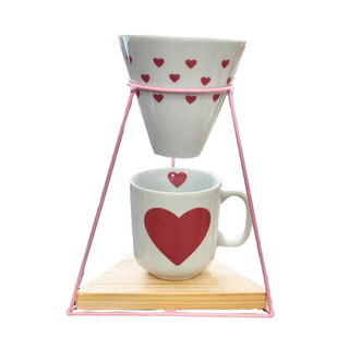 Suporte com Coador e Caneca Coração Rosa