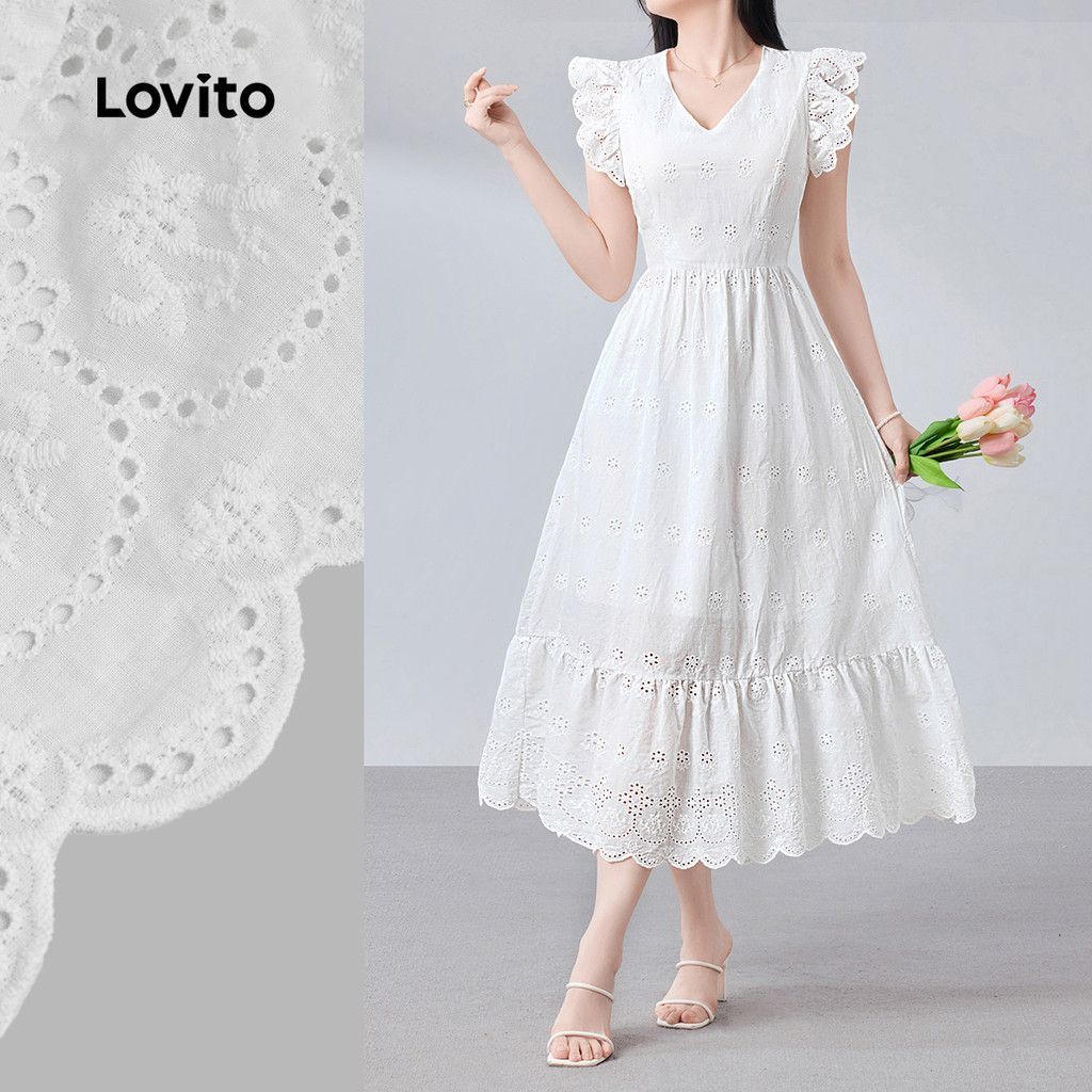 (New Arrival) Lovito Vestido Midi Branco Assimétrico Com Decote Em V Babados Na