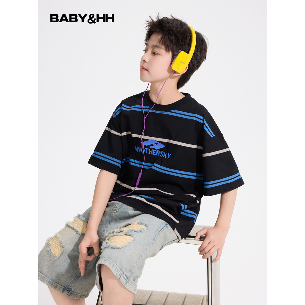 Meninos verão wear street wear esportes listrado de manga curta camiseta 2026 novo estilo crianças meninos gelo rua danç