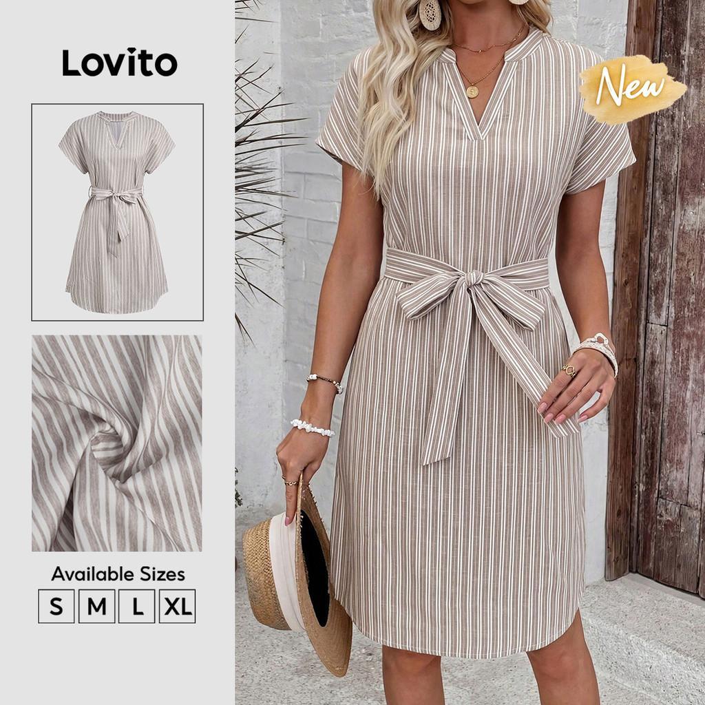 (New Arrival) Lovito Vestido Boho com Cinto Estampado Primavera/verão para Mulhe