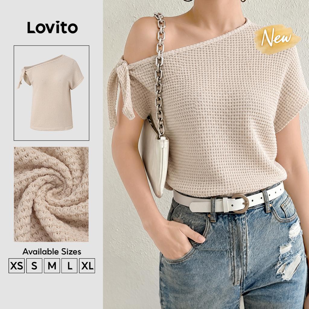 (New Arrival) Lovito Camiseta Casual Feminina com Ombros de Fora Renda Cor Cáqui Claro primavera/verão TSB202P2D403