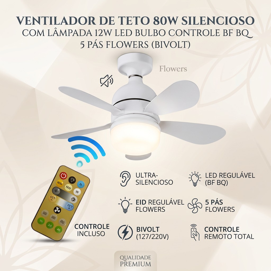 Ventilador de Teto 80w Silencioso com Lâmpada 12w Led Bulbo Controle BF BQ Bivolt 5 Pás Flowers