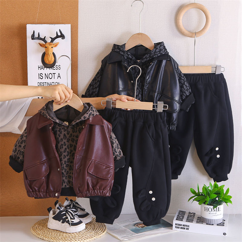 Nova Primavera Crianças Roupas De Moda Bebê Menino Dos Desenhos Animados Plutônio Colete Leopardo Impressão Hoodies Calç
