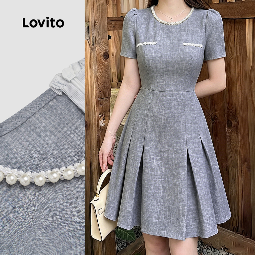 (New Arrival) Lovito Vestido Elegante Gola com Babados Zíper Bolso Falso Primave
