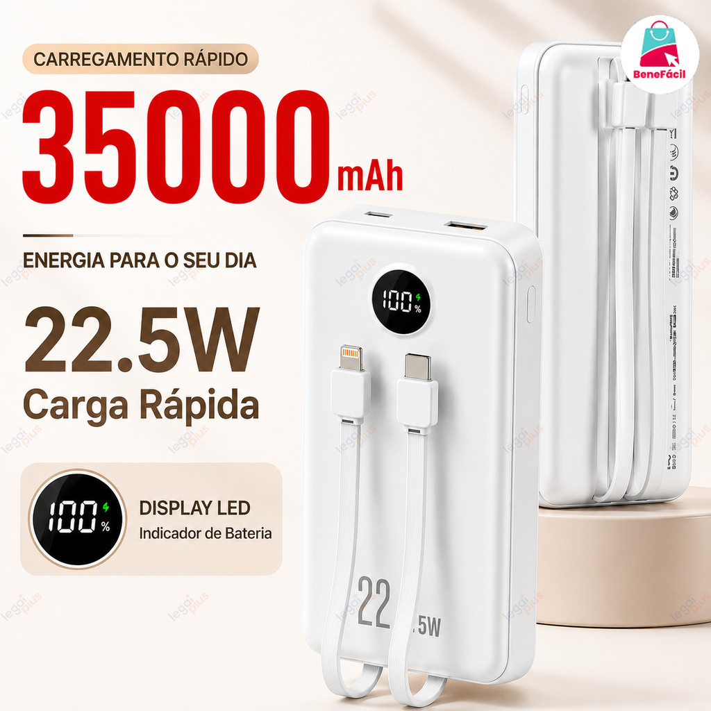 Carregador Portátil 12000mAh/26000mah/35000mAh Bateria Externa Power Bank com Cabo USB Integrado Recarga Rápida