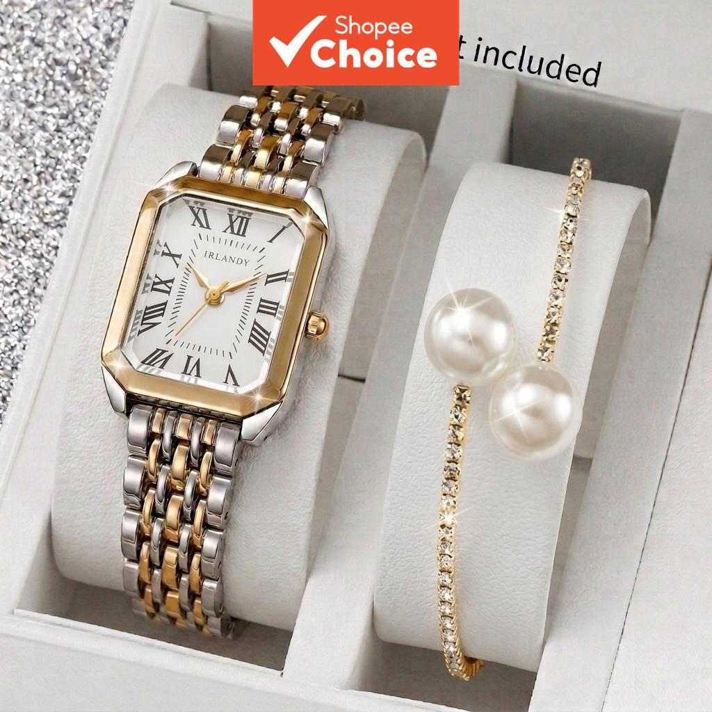 2 Pçs Elegante Retângulo Feminino Relógios De Quartzo Pérola Pulseira Conjunto Senhoras Relógio De Pulso Presente