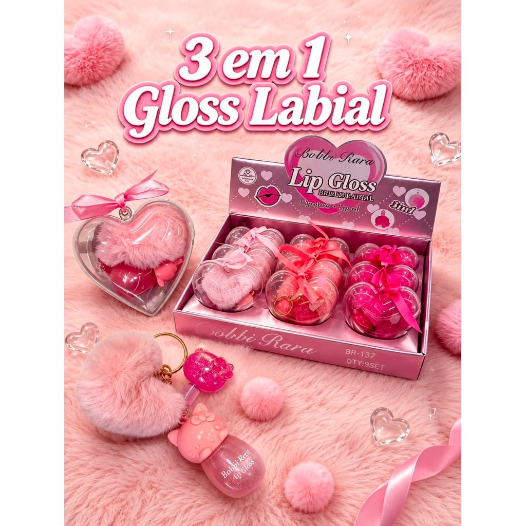 Box Fechado c/ 9 uni Glitter Lip Gloss Heart Case + Chaveiro+ Lip gloss New Arrivals