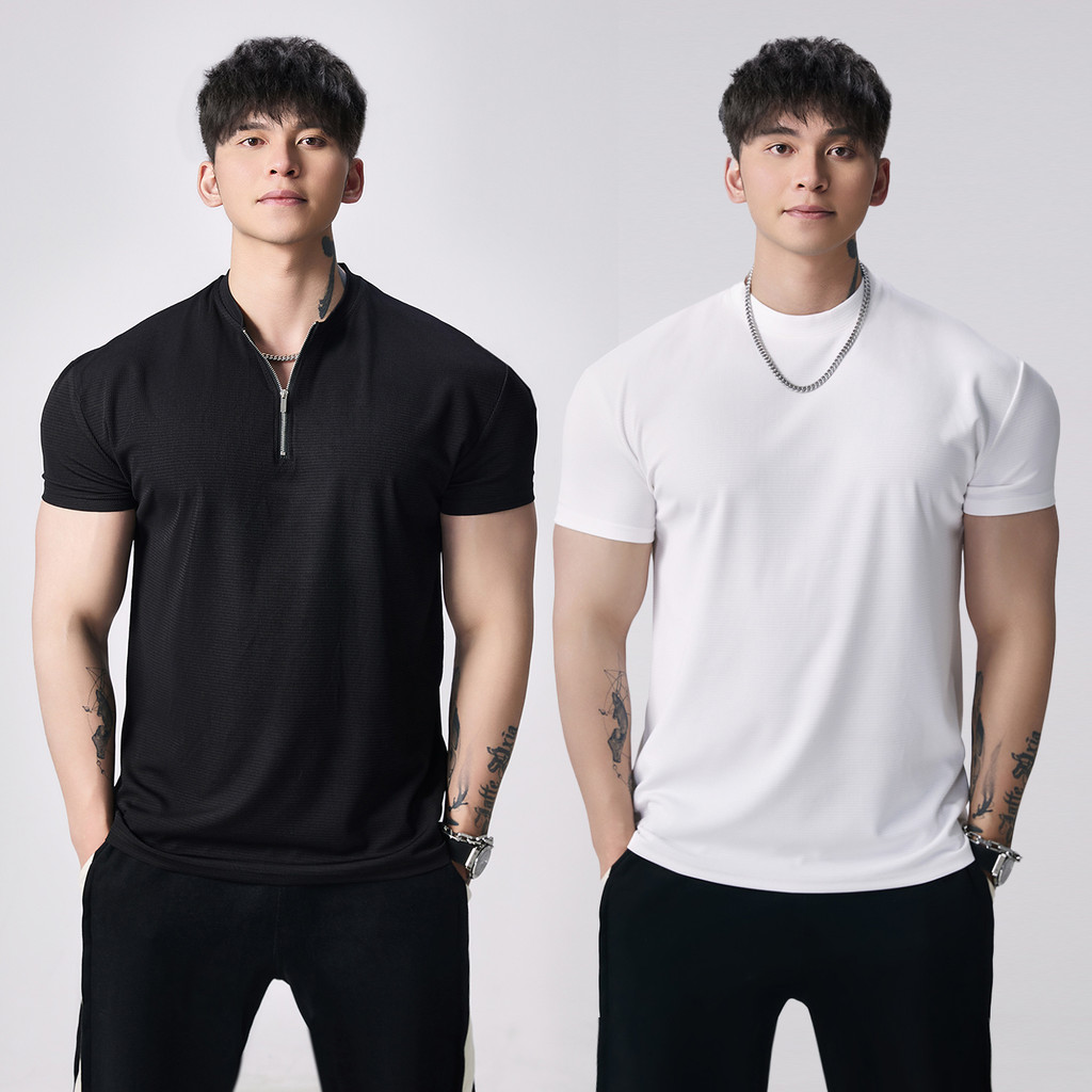 GD verão leve respirável pequeno xadrez grande camiseta de manga curta esportes masculinos lazer Fitness correndo roupas