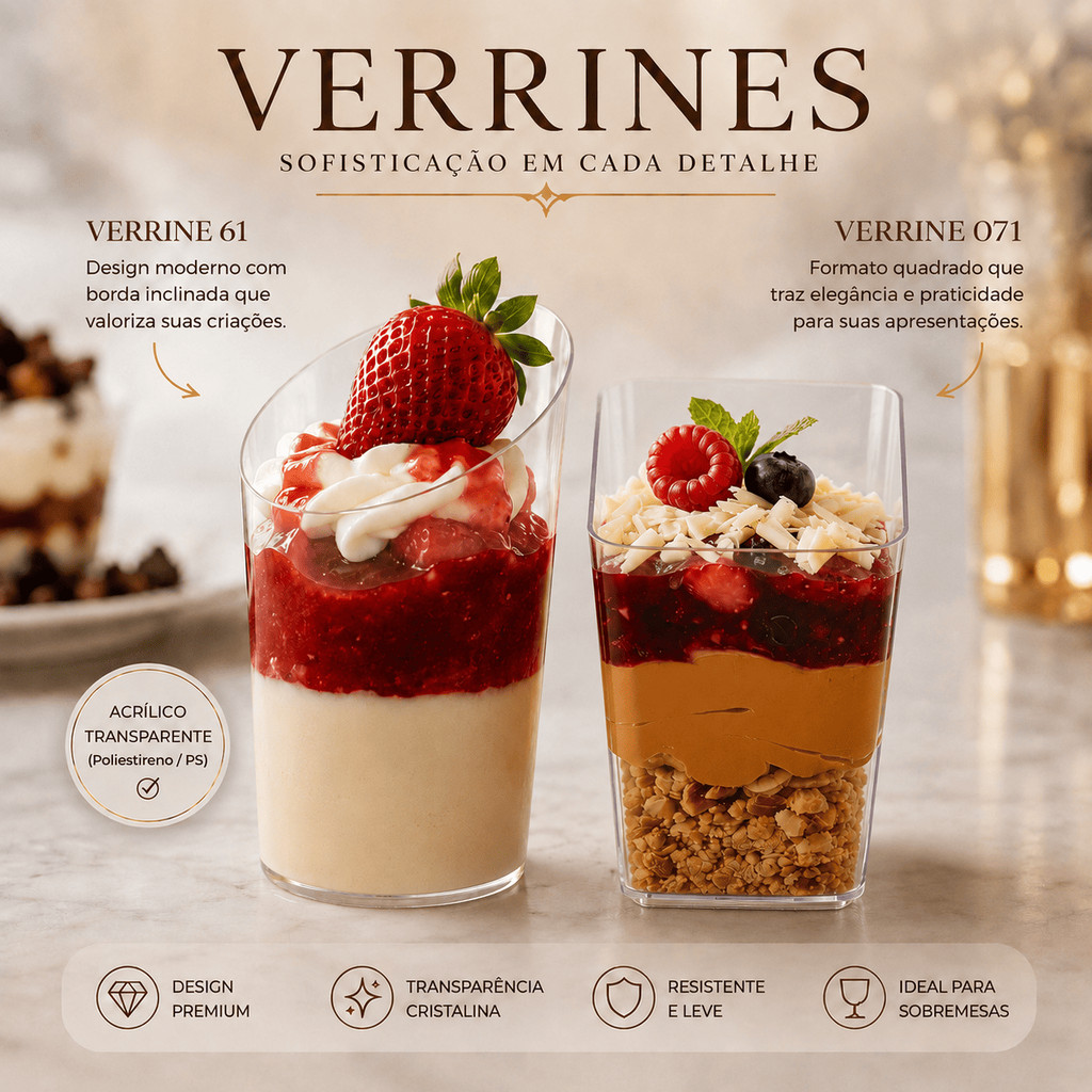 Copo Verrine 60mL e 70mL com 10 a 50 Unidades Pic 061/ Pic 071 para Doces Sobremesas Eventos Casamento Festa Plastilânia