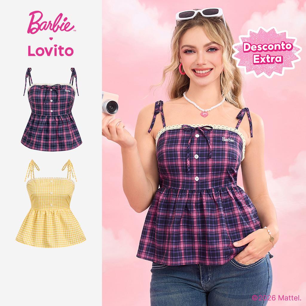 Barbie™ X Lovito Casual Blusa Verão Feminina Botões Babados No Pescoço e Barra T