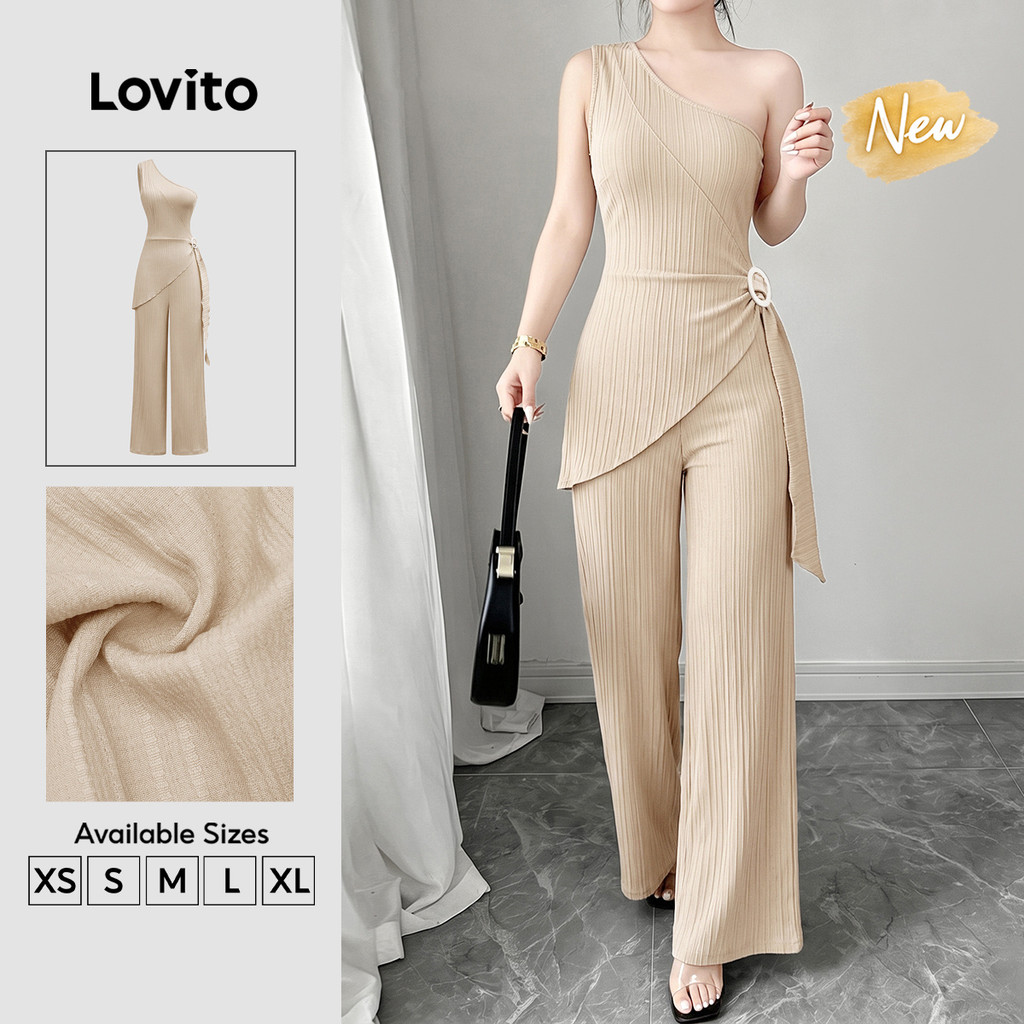 (New Arrival) Lovito Macacão Casual Feminino Cáqui Plissado com Botões primavera