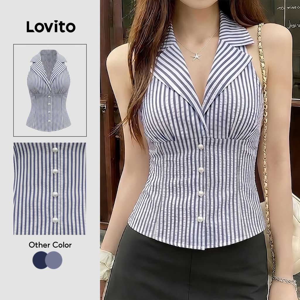 (New Arrival) Lovito Casual Blusa Feminina Azul de Botão para Primavera/Verão LK