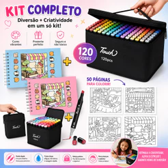 Kit Livro de Colorir A5 Capa Dura 50 Páginas + Canetas Ponta Dupla 24/36/60/80/100/120 Cores