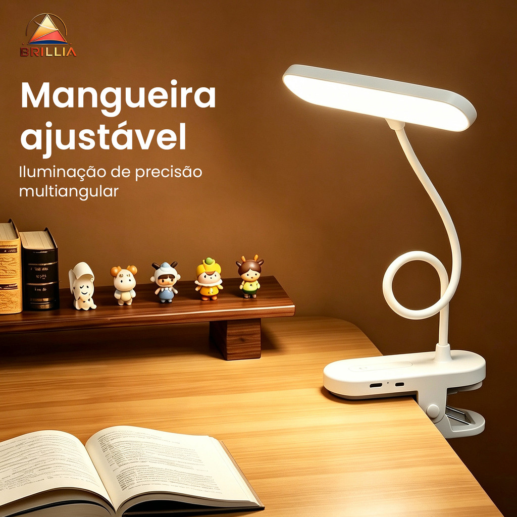Luminária De Mesa Presilha LED Recarregável 3 Cores Dimerizável Cabeceira Quarto Maquiagem 1200mAh — imagem 2 de 2