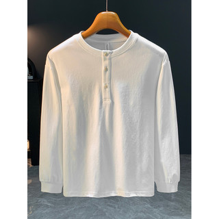 Americano Retro cara resistente estilo pesado Henry camisa branca de manga comprida camiseta masculina outono Casual top