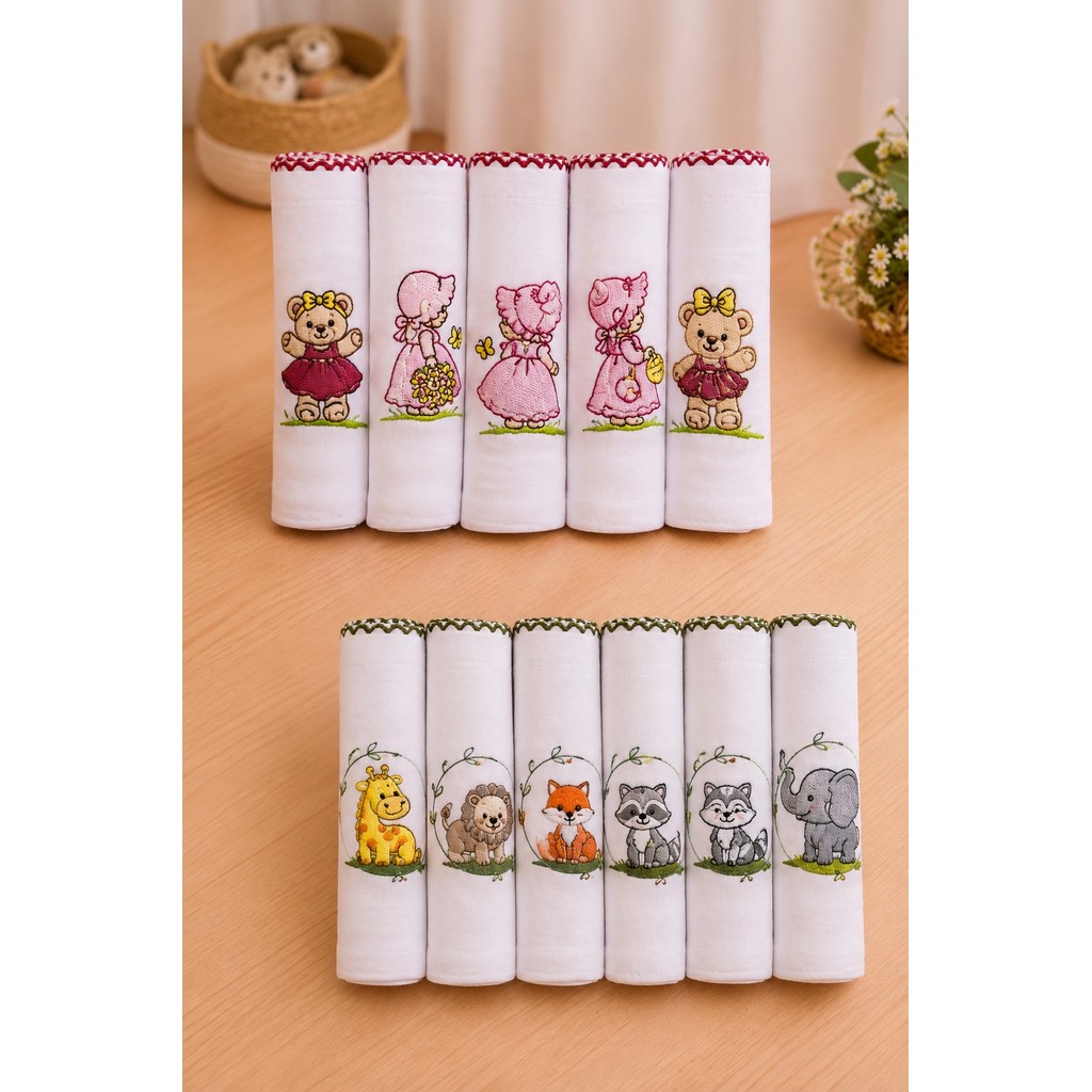 Kit fralda de pano bordada picueta com 5 unidades 100% algodão