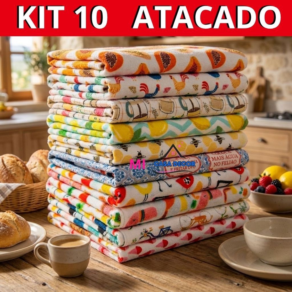 Jogo 10 Pano De Prato Felpudo Estampado Cor Branco
