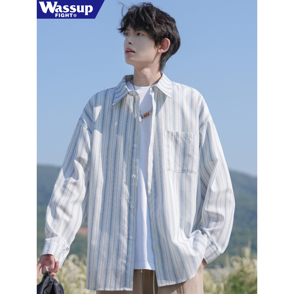 WASSUP estilo americano contraste cor listrado camisa de manga comprida masculina primavera outono verão lapela solta es