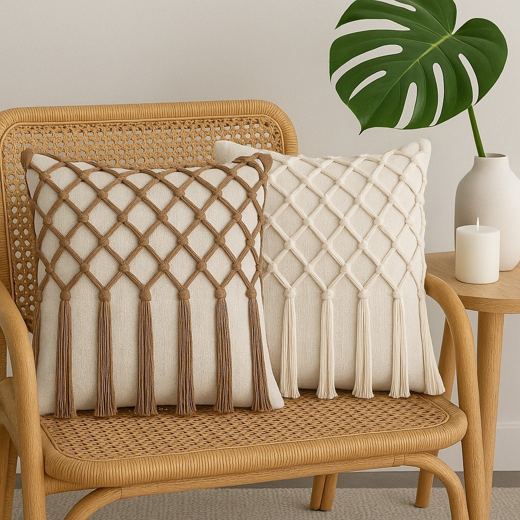 Capa Almofada Boho Cru Algodão Artesanal Decoração Trama Natural Pompom 45X45