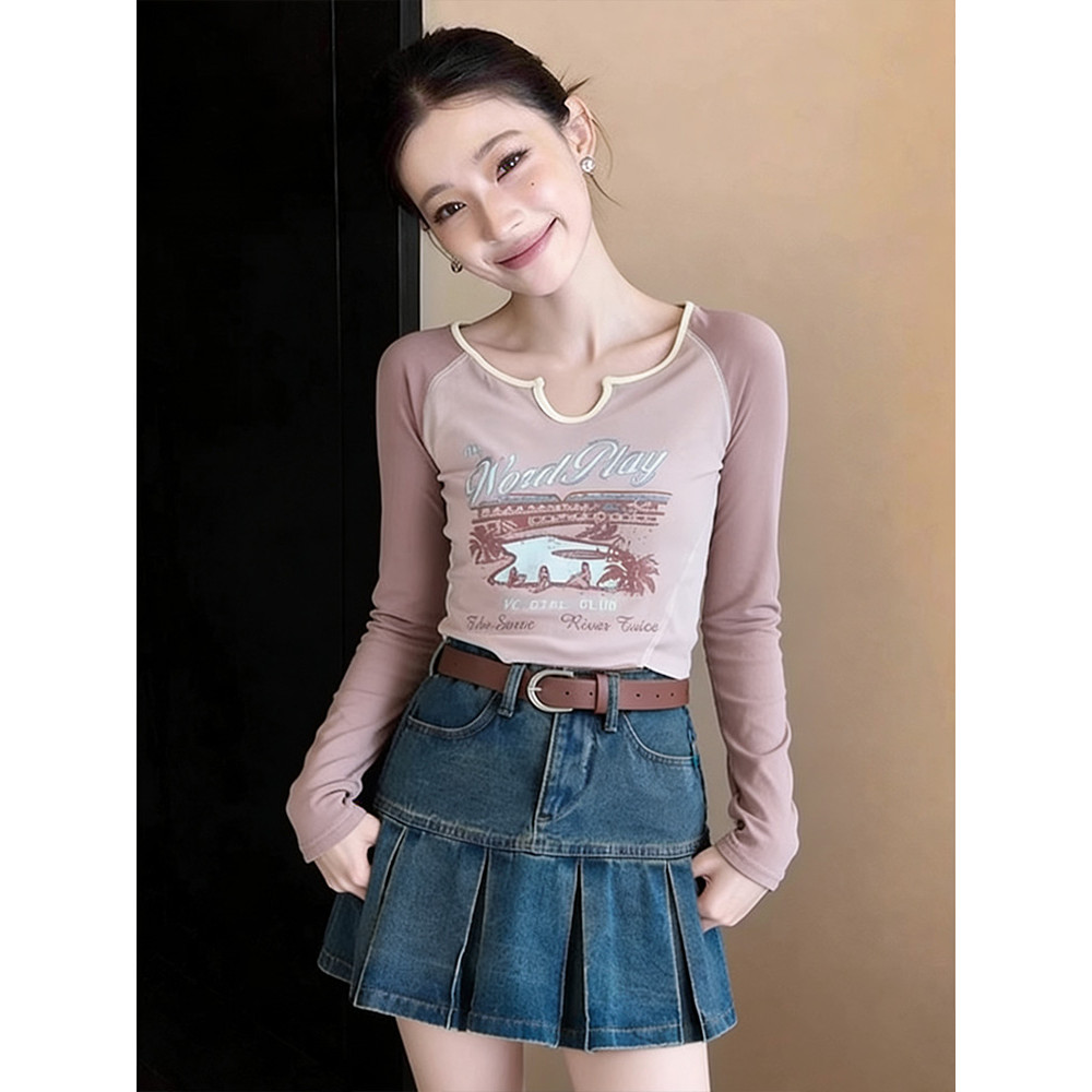 Estilo coreano moda dos desenhos animados impresso manga comprida camiseta feminina roupas de primavera 2026 novo estilo