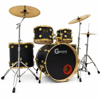 Kit Bateria Acústica Groove SF622 Birch 5 Peças Bumbo 22 Pratos Ferragens Peles Remo UC Preto Fosco e Dourado