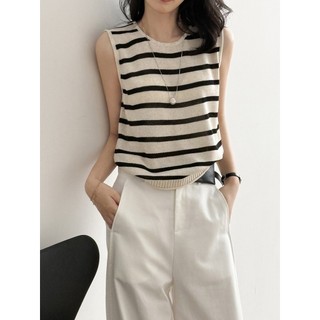 Top estilo coreano estilo suave listrado Tencel linho curto sem mangas colete de malha feminino coreano chique camisa pe