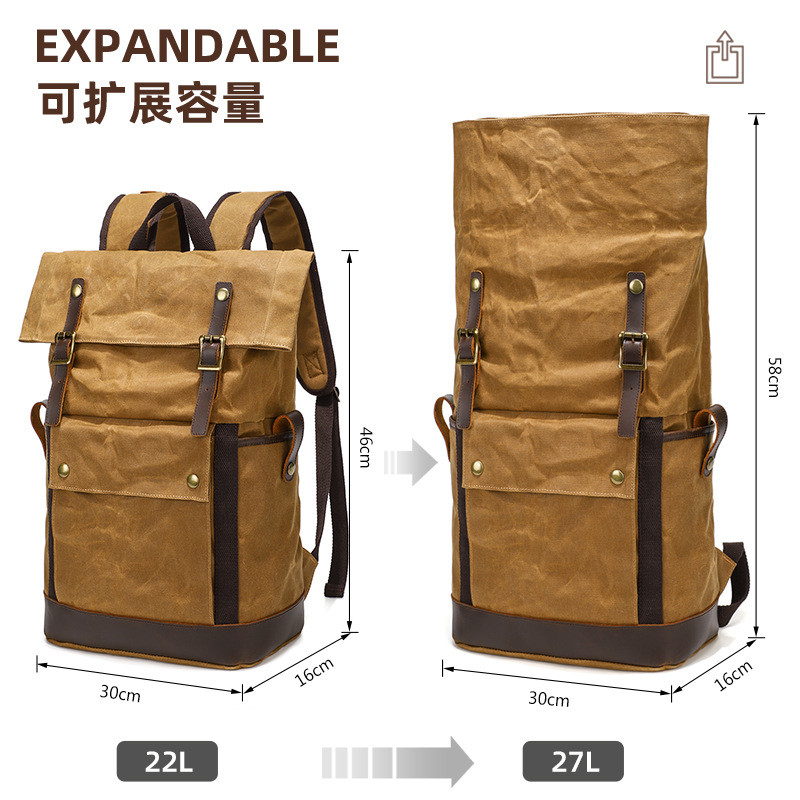 Mochila retrô de lona com cera de óleo, à prova d'água, pode conter copo térmico, mochila expansível ao ar livre com bol
