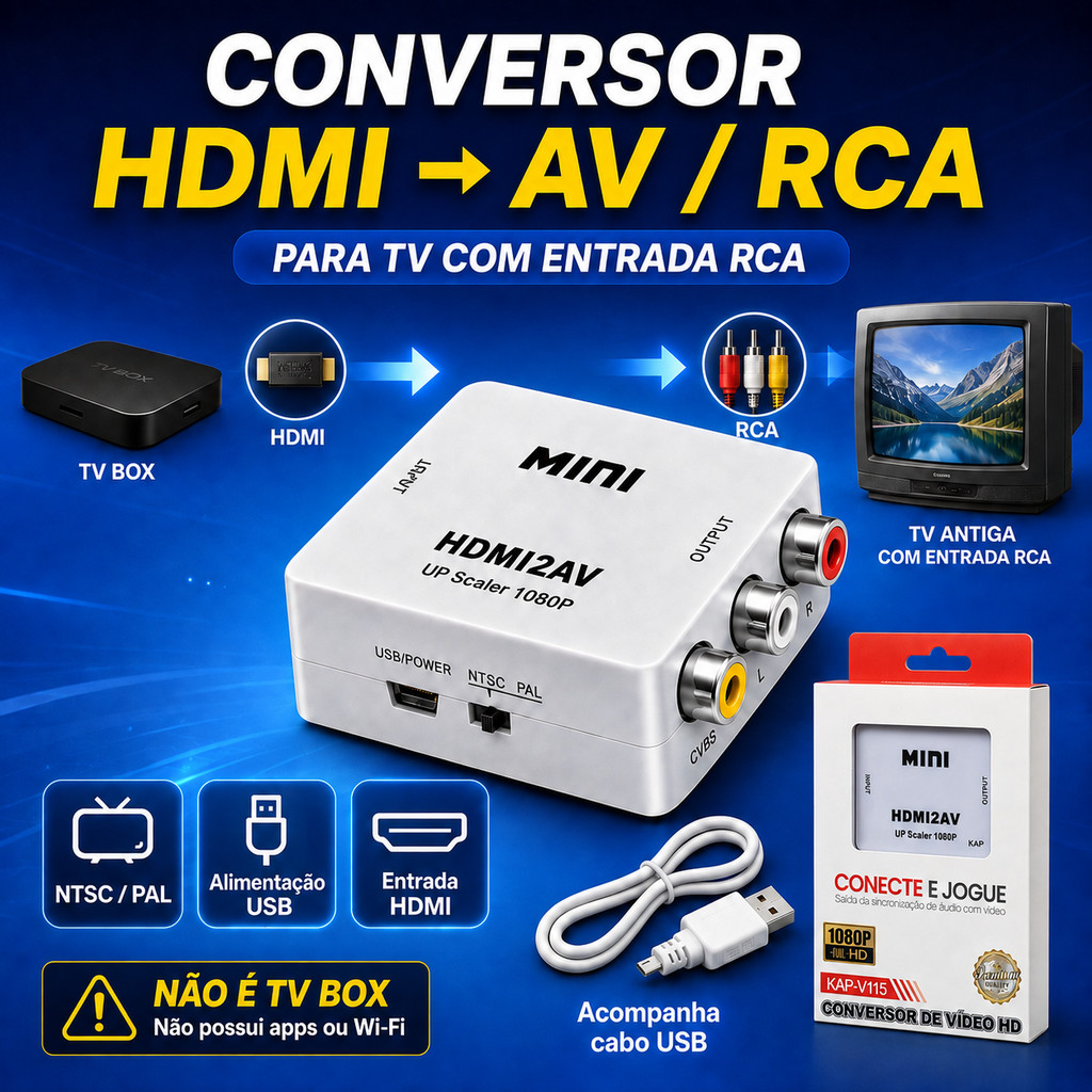 Conversor HDMI para AV RCA HDMI2AV Adaptador para TV Antiga Notebook PAL NTSC USB Não Bidirecional