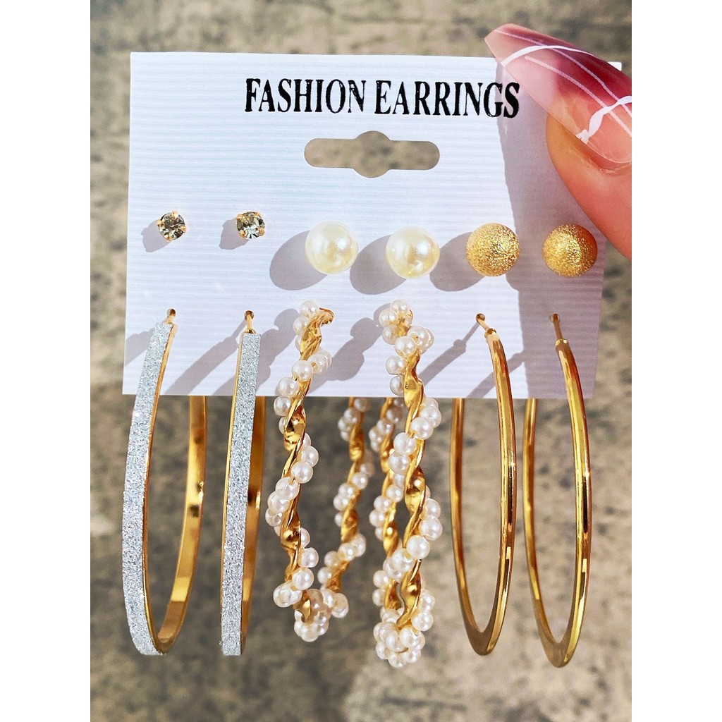 Conjunto De 6 Pares De Brincos Femininos Amor Pérola Diamante Redondos Dourados