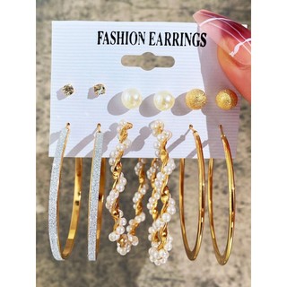 Conjunto De 6 Pares De Brincos Femininos Amor Pérola Diamante Redondos Dourados