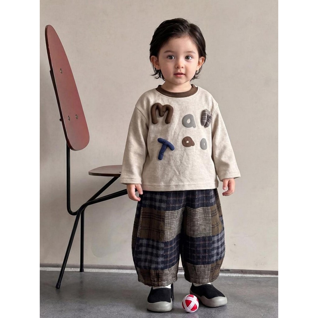 Crianças roupas outono novo estilo de manga comprida topos meninos bebê versão coreana na moda carta camiseta Retro xadr