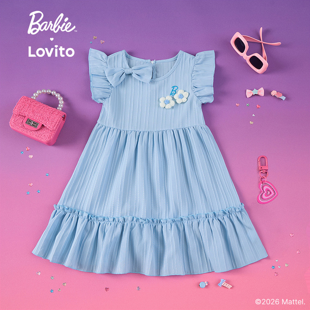 (New Arrival) BarbieTM X Lovito Kids Vestido Azul Menina Flare até Joelho Babado Bordado e Aplique de Laço LBL5AD033