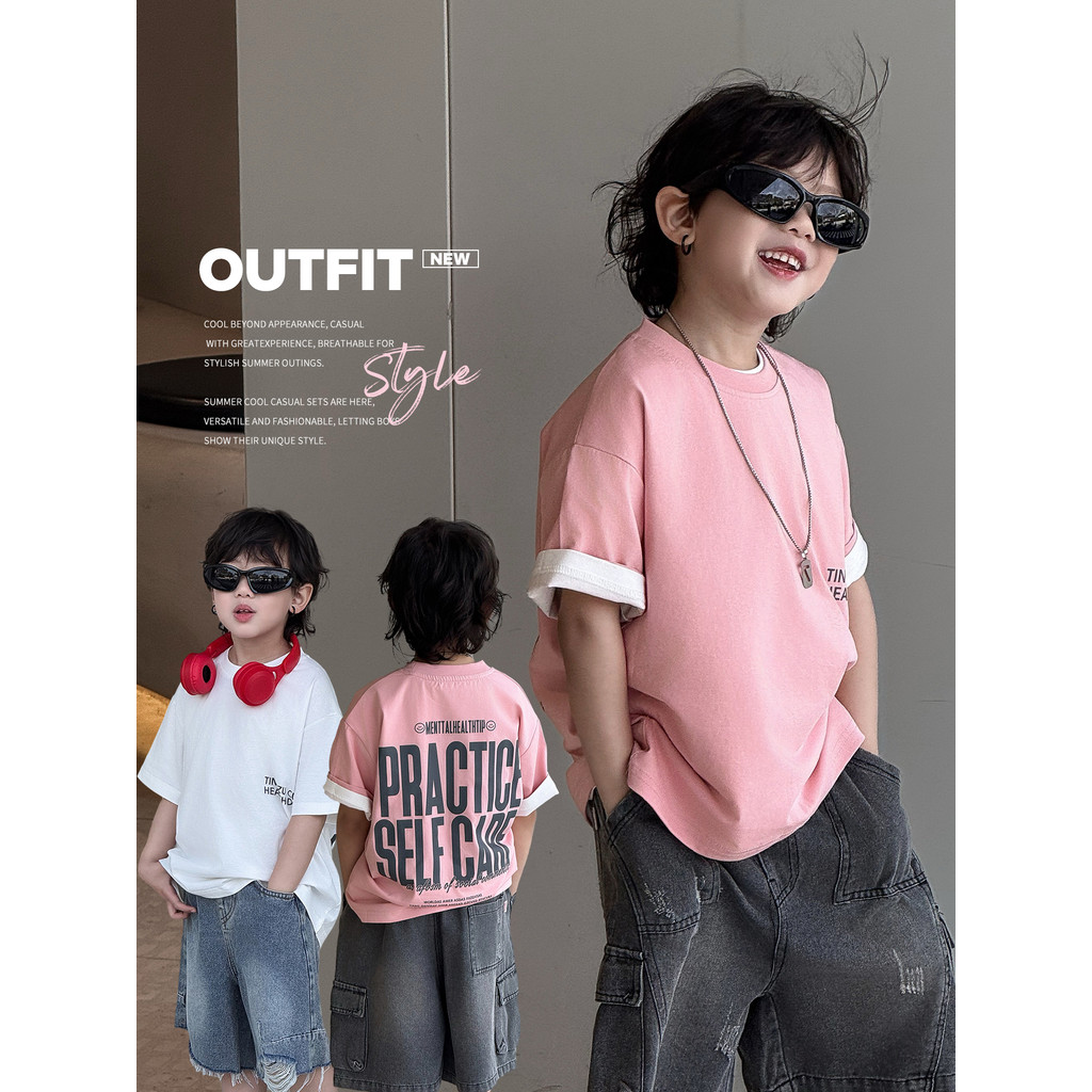 Meninos rosa carta impressa camiseta de manga curta verão solto crianças versão coreana topos All-Match confortável meni
