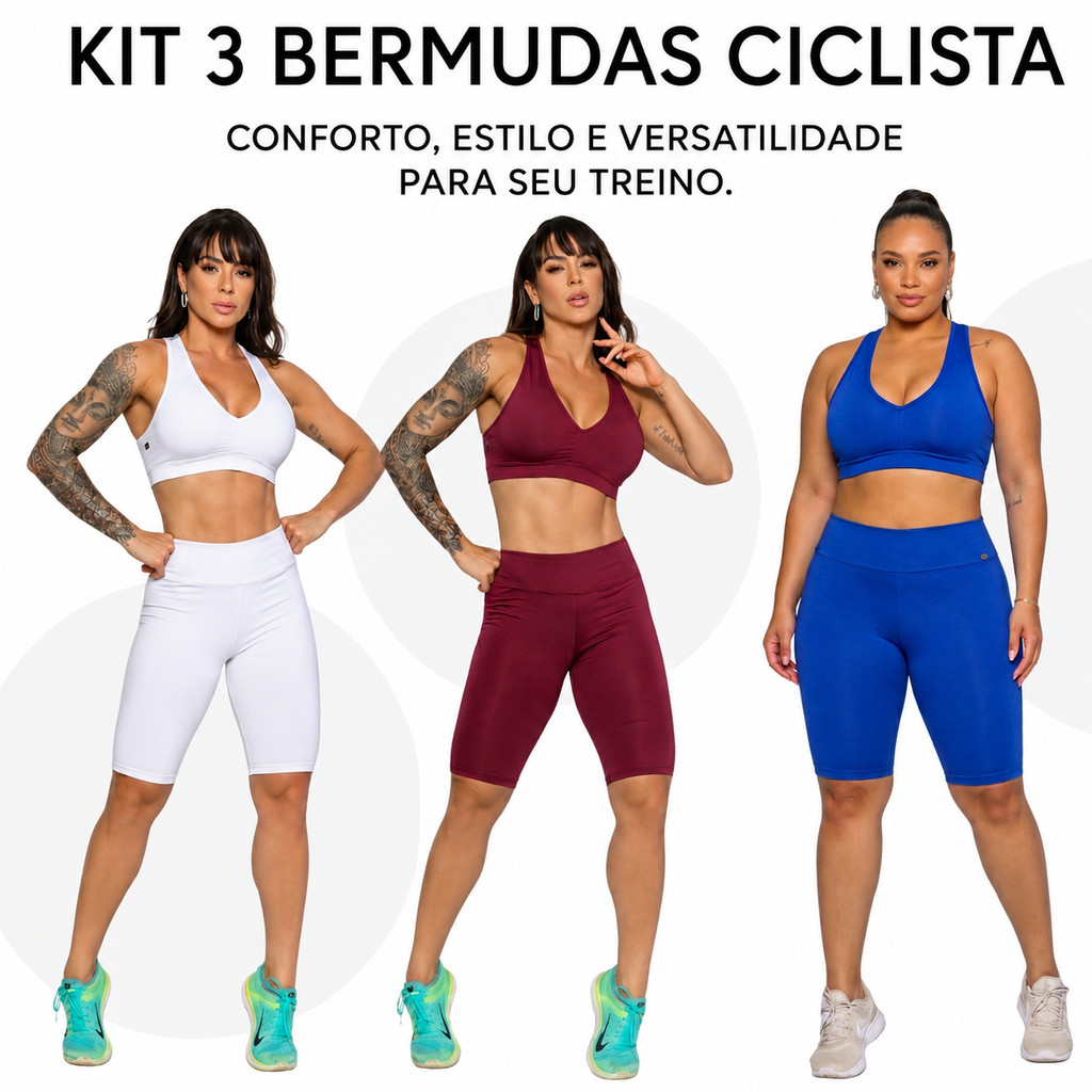 kit 3 Bermudas Ciclista Suplex Lisa Feminina Básica Cós Medio Zero Transparência Fitness Academia  Corrida Treino Dança