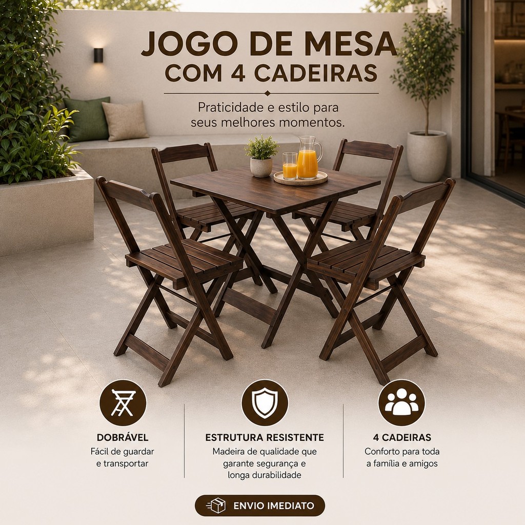 Jogo De Mesa Dobrável 70x70 C/ 4 Cadeiras Madeira Nobre