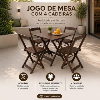 Jogo De Mesa Dobrável 70x70 C/ 4 Cadeiras Madeira Nobre