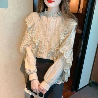 Francês Super fada Retro estilo ocidental gola alta camisa de renda feminina High-End babados nicho de manga comprida bo