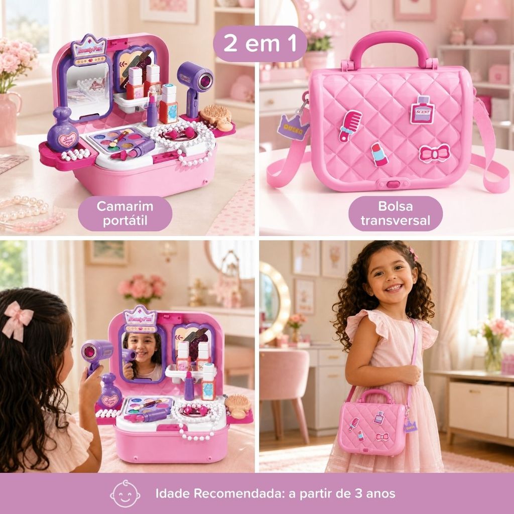 Bolsa Camarim Bancada Infantil Dobrável 2 em 1 Espelho 26 Peças Princesa Fashion Maxi Toys — imagem 2 de 2