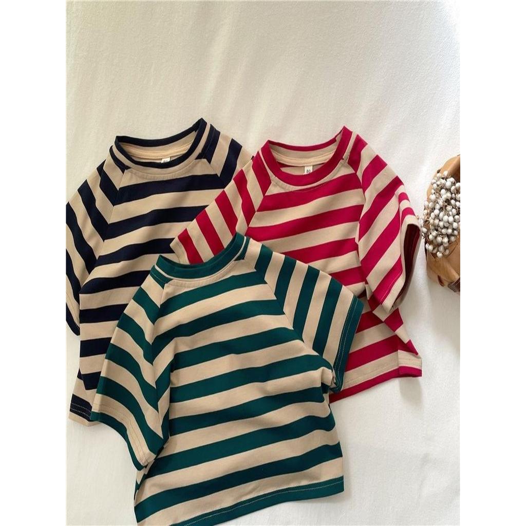 Crianças roupas de verão versão coreana solta listrado manga curta camiseta meninos meninas moda All-Match topos médio p