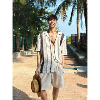 Estilo de dinheiro antigo gola cubana oco camisa de malha masculina contraste cor listras soltas malha Jacquard manga cu