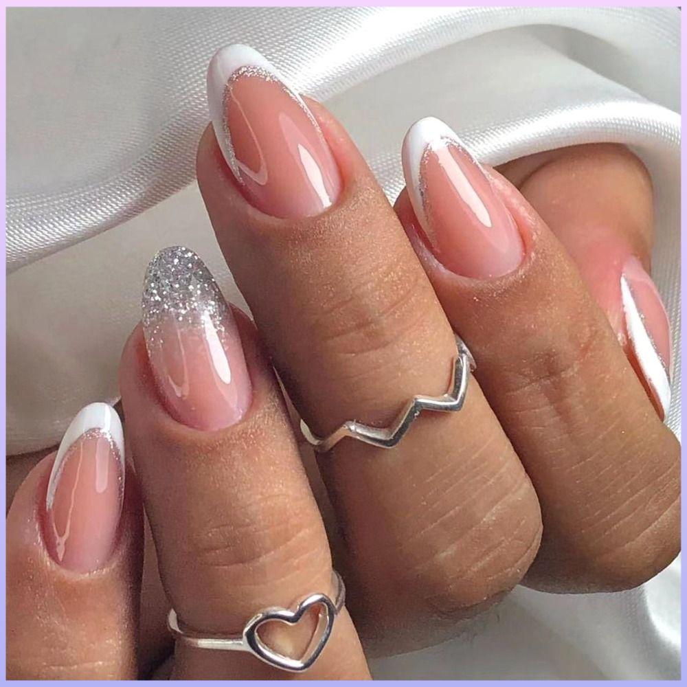 Voz Falso Nials , Unhas Postiças De Amêndoa Curta Francesa , Pontas De Destacáveis Simples Prata Branca Borda DIY