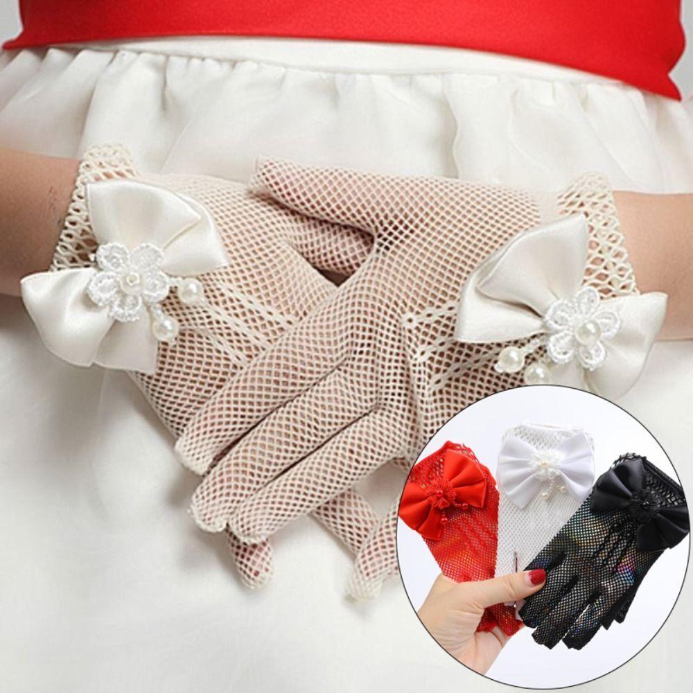 Luvas De Casamento Infantis , Curtas De Malha De Renda Fina Vestido De Etiqueta Com Nó De Laço