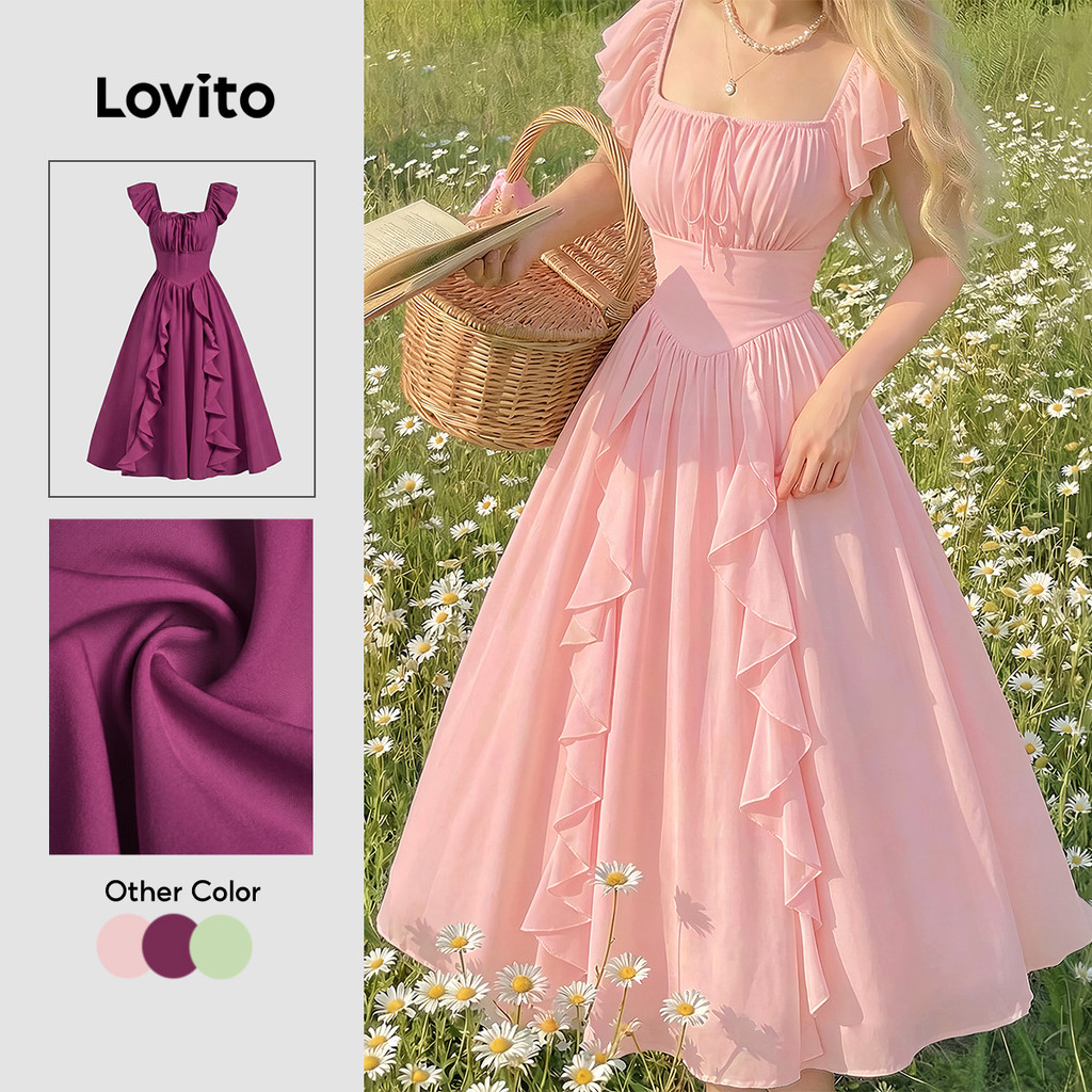 (New Arrival) Lovito Vestido Elegante Plissado com Zíper para Mulheres Primavera/verão rosa DRK8P1D923