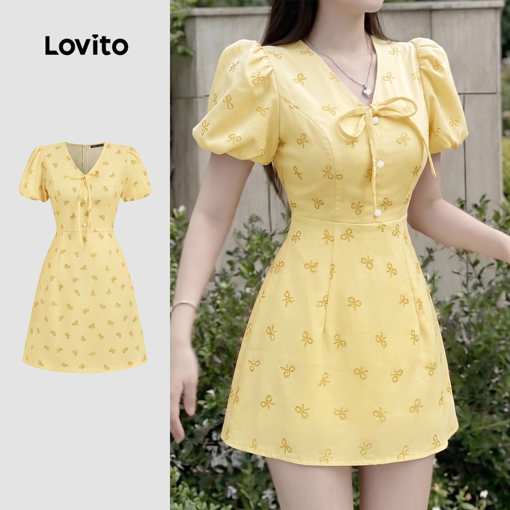 Lovito Vestido Amarelo Casual com Laço e Botão para Mulheres primavera/verão L198ED068