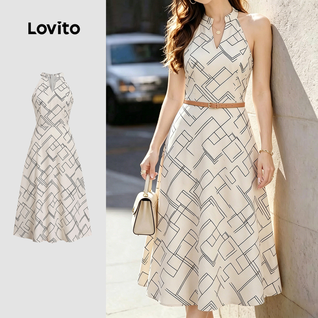 Lovito Vestido Casual Geométrico Drapeado Cáqui Para Primavera/verão Feminino (sem Cinto) DRB198P1D514