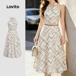 Lovito Vestido Casual Geométrico Drapeado Cáqui Para Primavera/verão Feminino (sem Cinto) DRB198P1D514