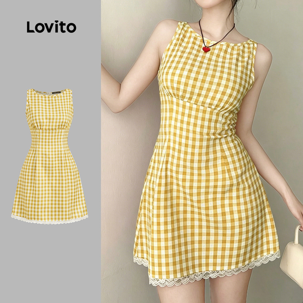 Lovito Vestido Boho Amarelo Feminino Linha de Estrutura com Zíper e Acabamento Contrastante L200AD165